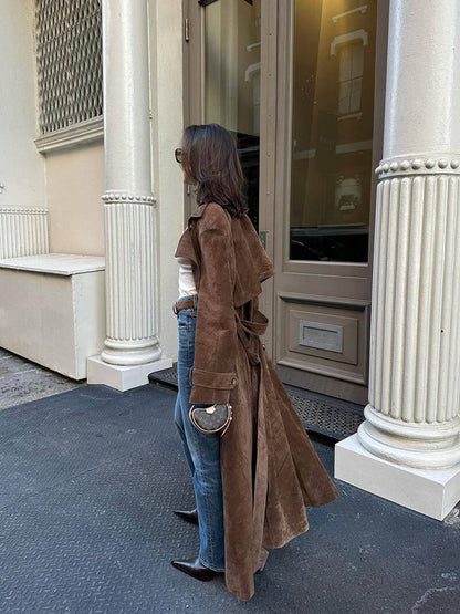 Elegant Faux Suede Belted Trench
